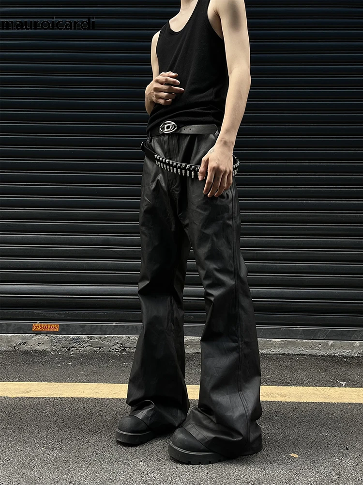 Mauroicardi Spring Autumn Cool Long Black Pu Leather Wide Leg Pants Men High Waist Luxury Designer Unisex Clothing Trousers 2024