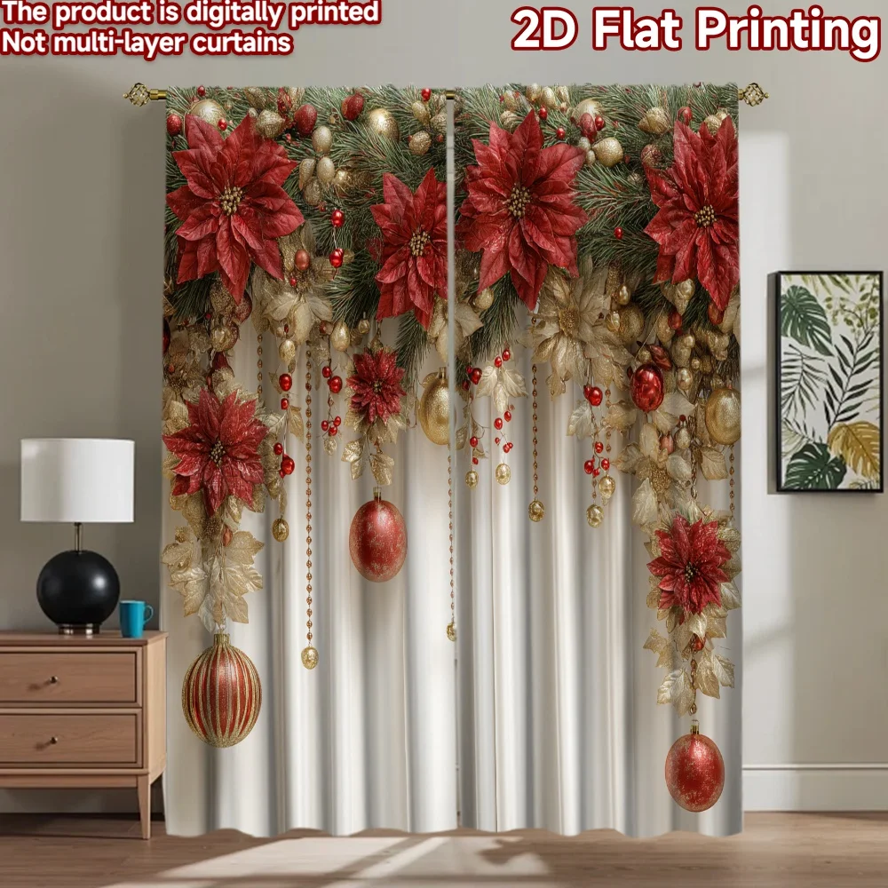 2D flat 2pcs Curtain Retro Country Style Christmas Poinsettia Garland Digitally printed polyester Family Party Decoration