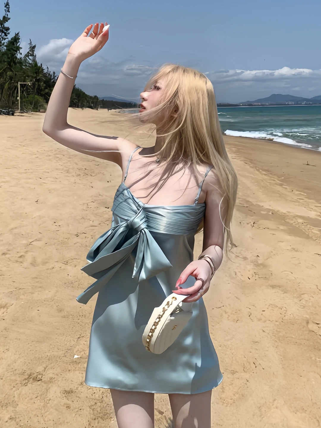 

Summer Blue Satin Halter Dress Women's Knot Beach Vacation Style Small Size Sexy Short Skirt A-Line Silky Gown
