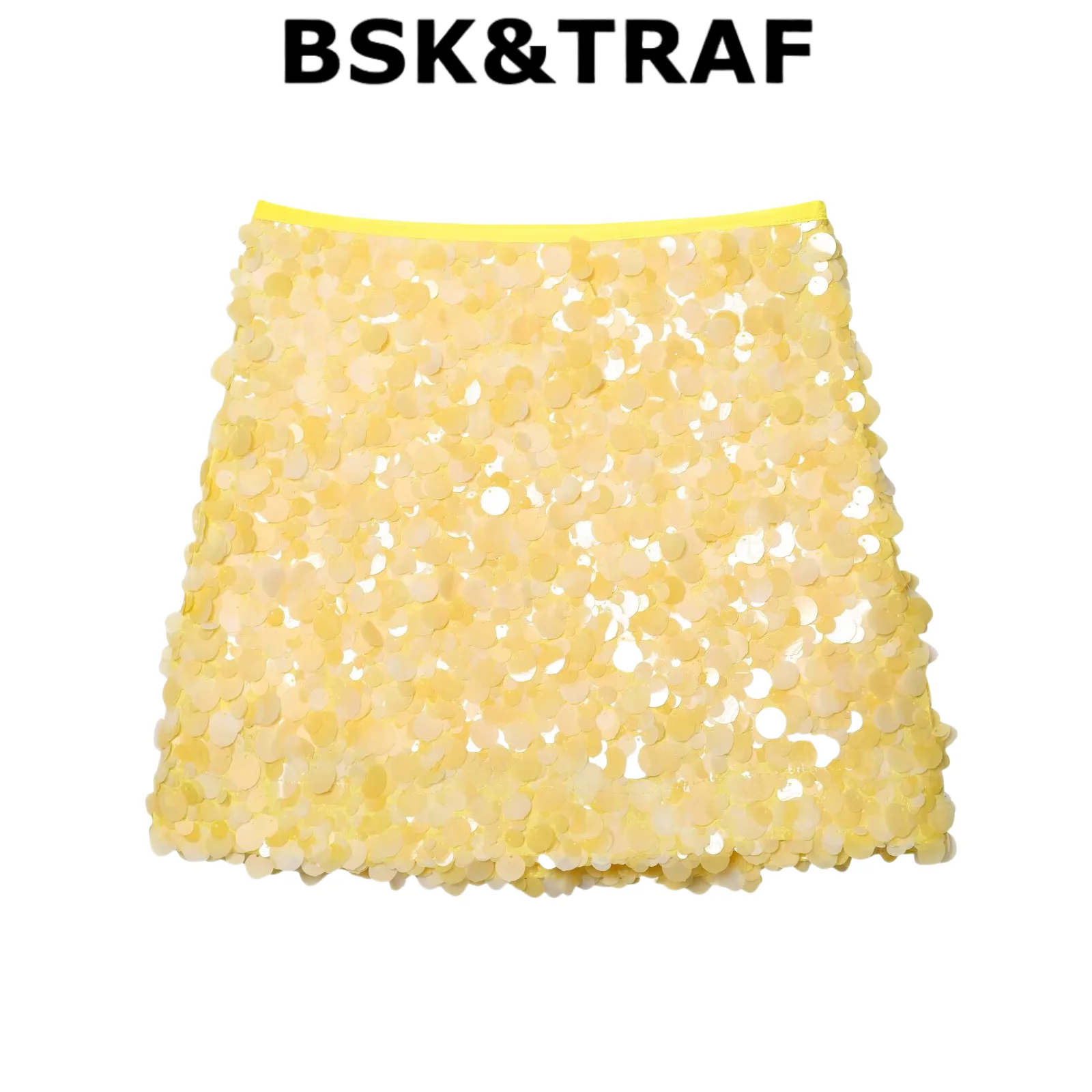 

BSK & TRAF2025 Летние новые продукты Женская темпераментная мода с высокой талией Сексуальная ультракороткая мини-юбка с блестками на бедрах 3920/221
