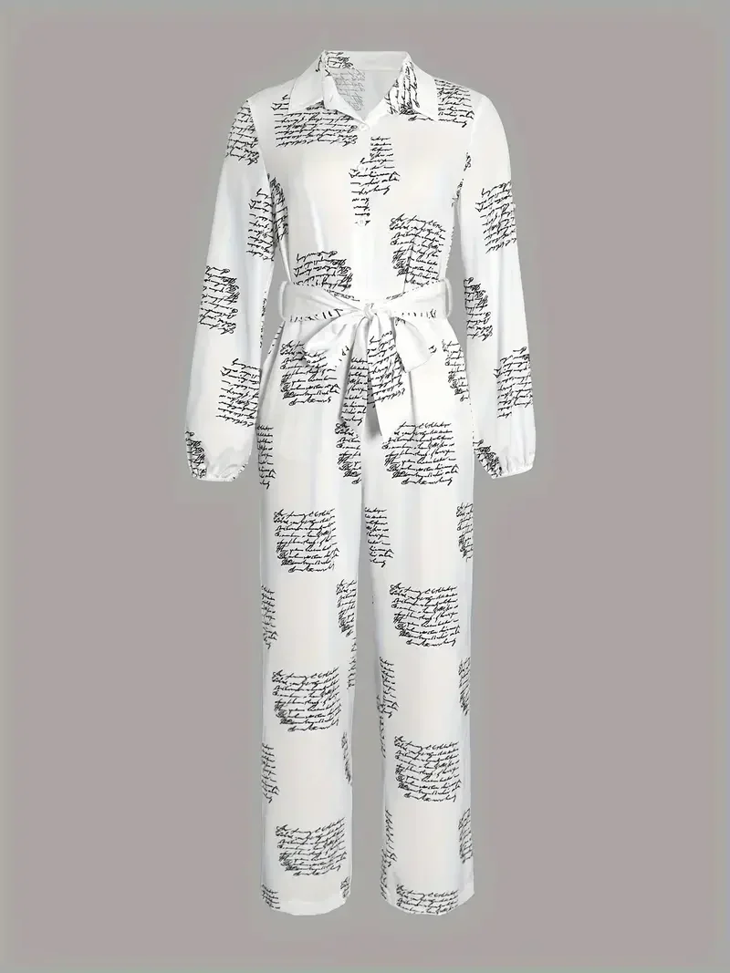 

Temperament Overall Jumpsuits Fashion Print Lace-Up Women Jumpsuits Full Sleeve Autumn Rompers High Waist Wide Leg Pants