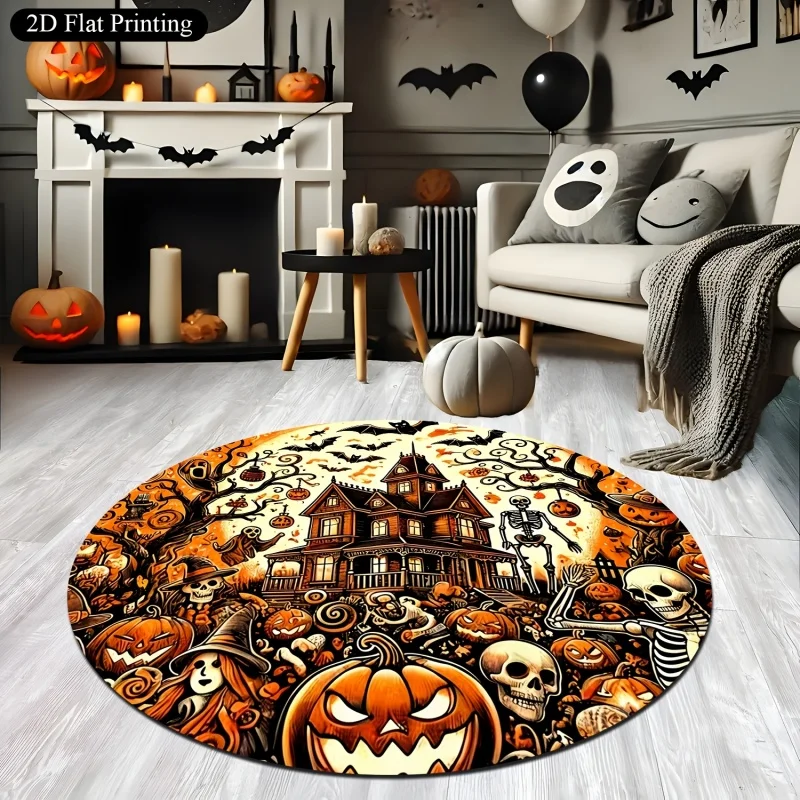 Spooky Halloween Scene Round Area Rug, Pumpkin Skeleton Haunted House Printed Circular Floor Mat, Home Decor
