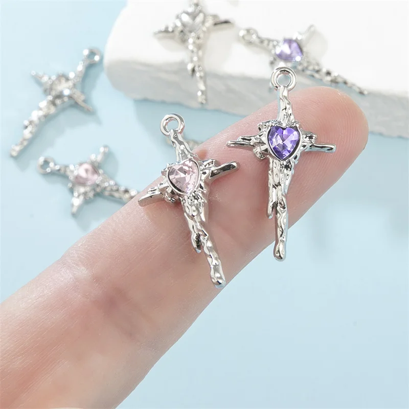 Nuevo 10 unids/pack Punk corazón Cruz encanto cristal colgante Color plata Cruz colgante apto para fabricación de joyería DIY accesorios 27*15mm