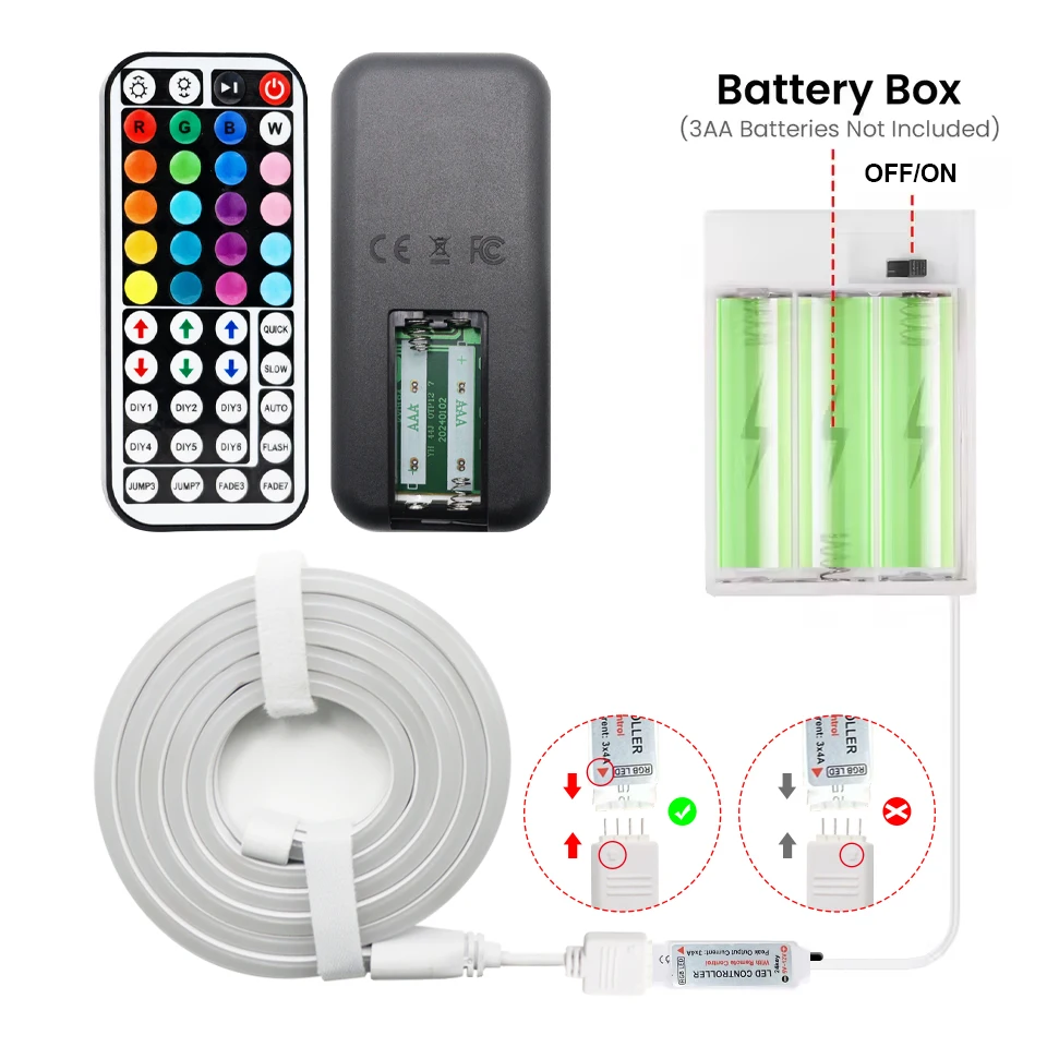 1 Roll of Rgb Neon Lights with Battery Box (Batteries Not Included), Led Light Strip, with a Multi-Functional 44-Key Remote Control That Can Control Various Light Colors, Brightness, and Modes, Suitable for Tv and Comp