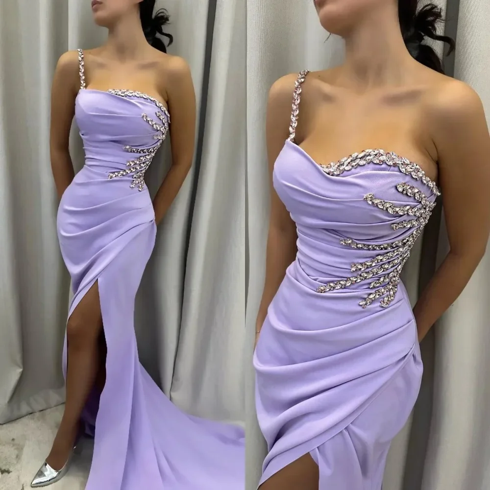 Vestido de noche personalizado con tirantes finos de cristal de sirena púrpura claro con hendidura vestido de fiesta de cóctel largo Formal