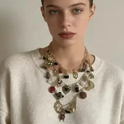 2025 Multi-layer Design Retro Insect Leaf Heart-shaped Geometric Necklace