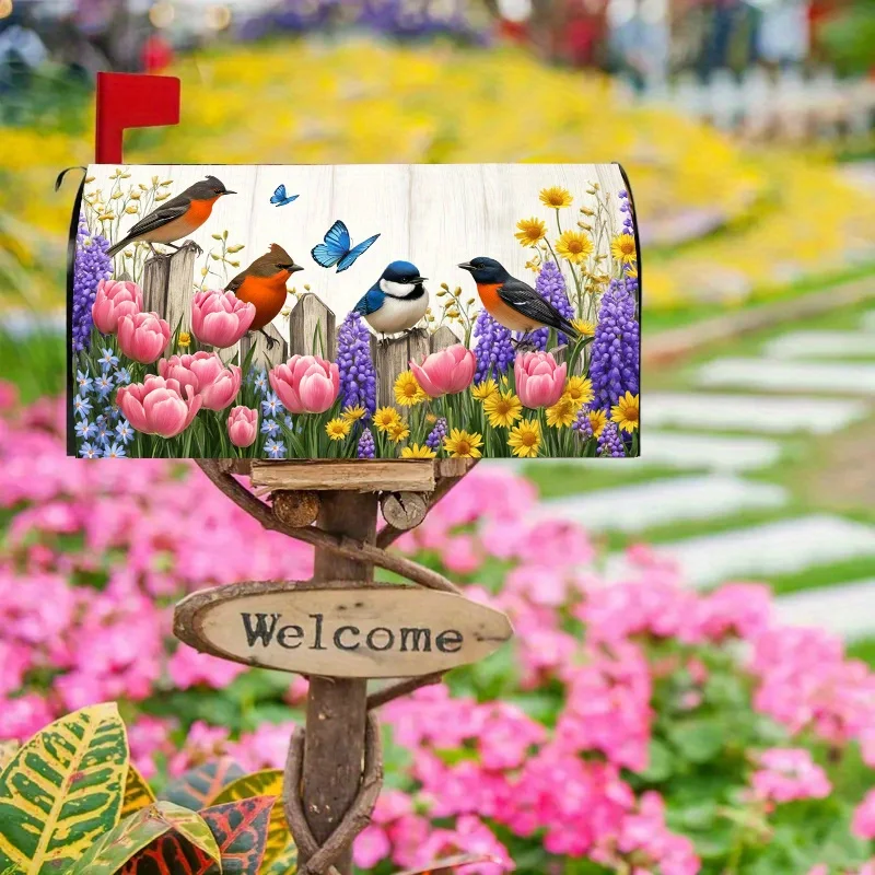 1pc Spring bird, tulip and butterfly mailbox cover,suitable for outdoor mailbox decoration for spring, summer, yards and gardens