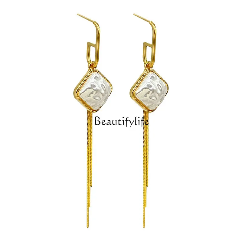 

Niche design pearl earrings square long fringed temperament light luxury high-end earrings