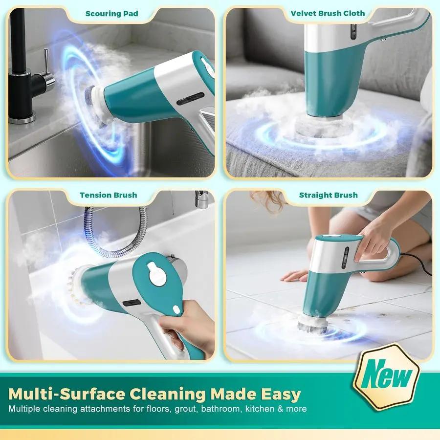 Steam Spin Scrubber, Steam Cleaning Brush with 11 Accessories, 2 Modes Electric Steam Scrubber, Detachable Long Handle, Power St