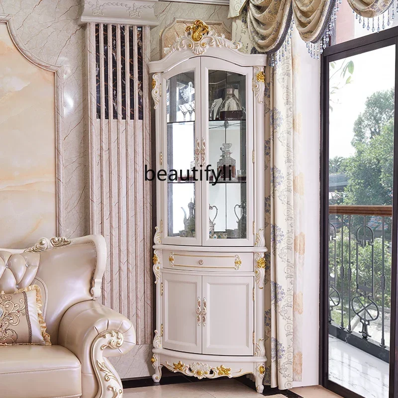 K132 Solid Wood Triangle Wine Cabinet European-Style Living Room Ivory White Corner Cabinet Wall Wine Cabinet Glass Door