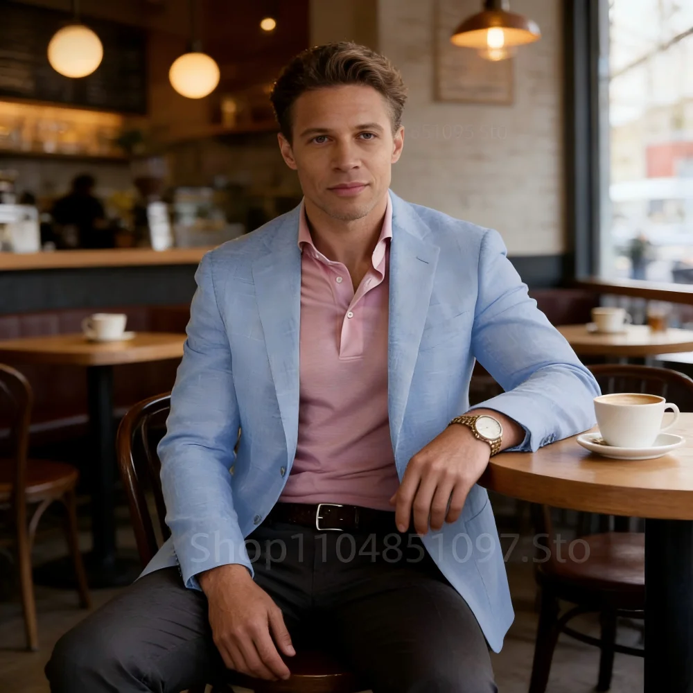 

Мужской синий/бежевый льняной приталенный пиджак на одной пуговице, повседневный модный свадебный смокинг жениха, пиджак, праздничное пальто 6XL-XS