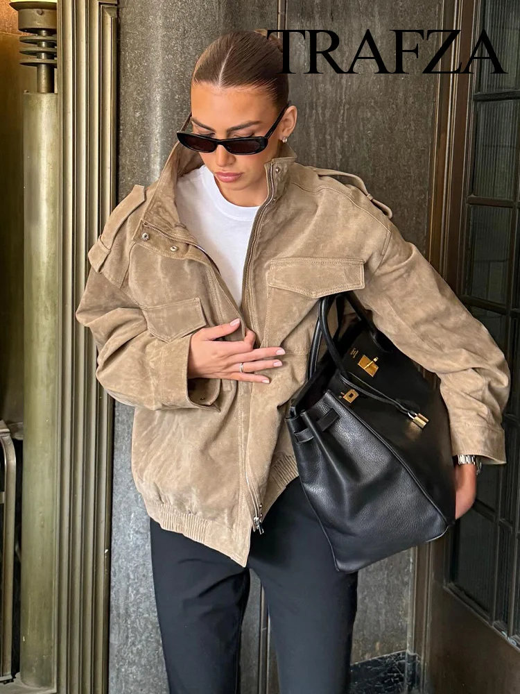 

TRAFZA Women's Autumn New Fashion Turtleneck Pocket Decoration Zipper Long Sleeves Jackets Female Autumn High Street Solid Coats