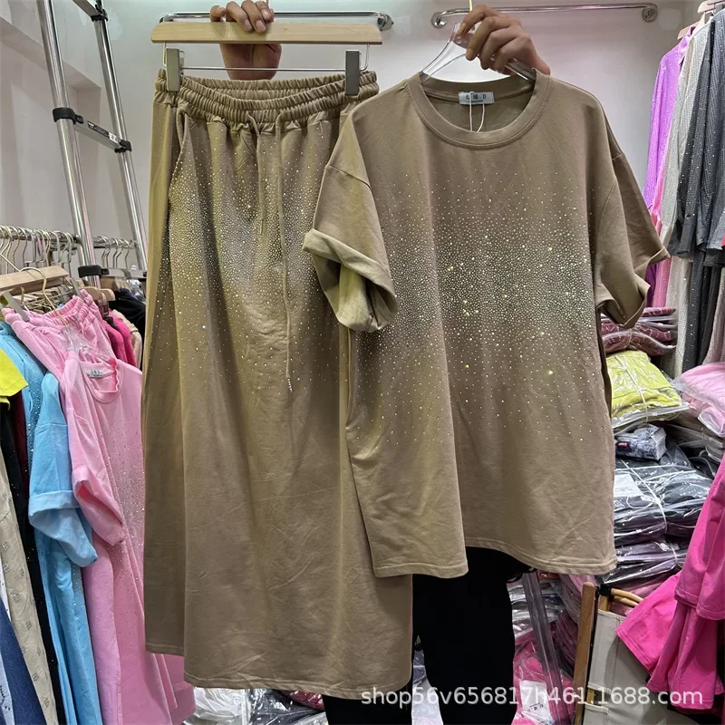Women Hot Drilling Diamonds Beads T-shirt Summer Starry Rhinestones Tee Short Sleeve Tops + Elastic Waist A-line Skirts 2Pcs Set