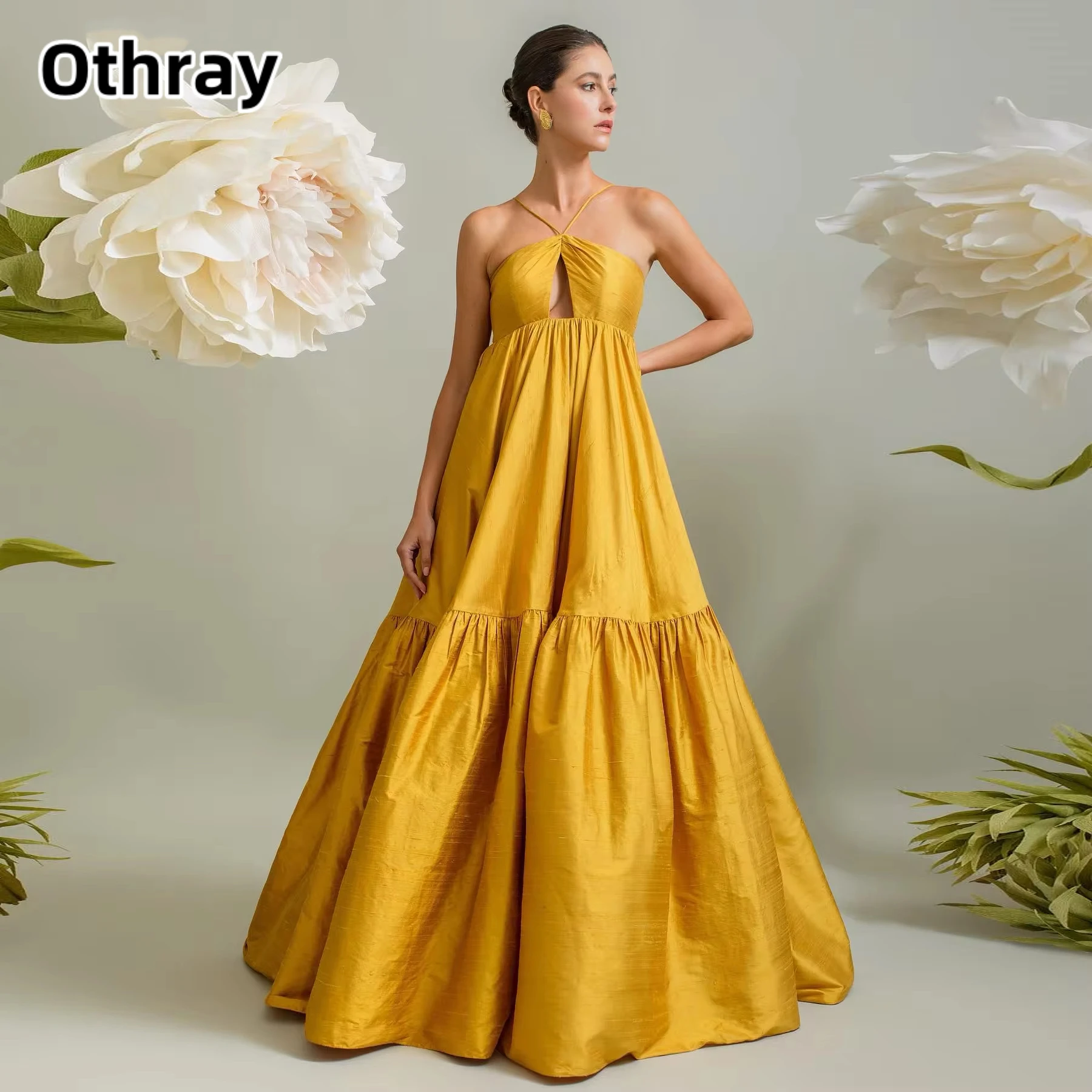 Othray Long Prom Dresses Taffeta Spaghetti Straps Pleated Buttons Formal Evening Party Dress Arabic Formal Gowns