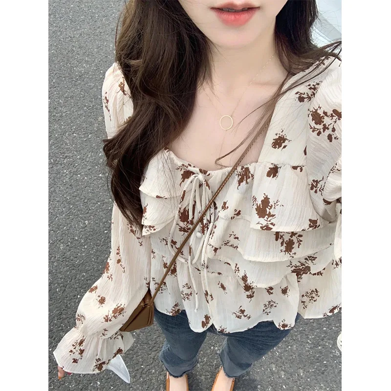 

Exjr Zhao Summer Tie-Detail Design Thin Long Sleeve Women's Shirt Casual Loose Fit Floral Print Trendy Fashion