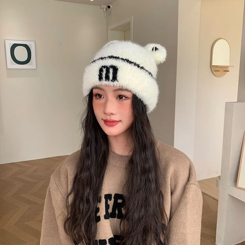 Thick Warm Cat Ear Beanie Material Winter/Autumn Wear Winter Cap Heart Decoration Letter Pattern Beanie Hat Outdoor Activities