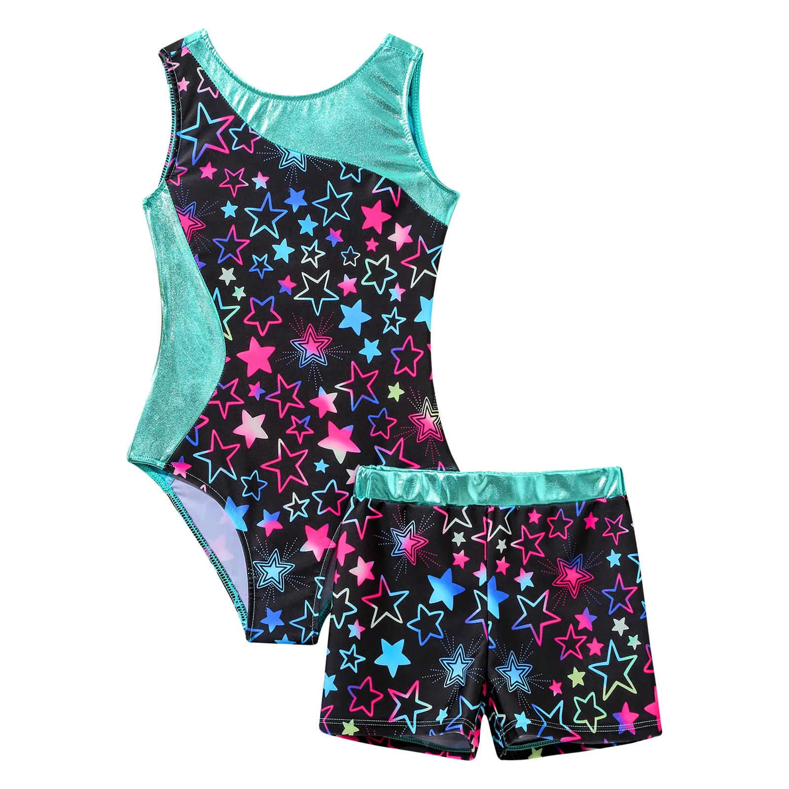 Kids Girls Ballet Gymnastic Leotard Bodysuit Bronzing Sleeveless Ballet Dance Set Workout Figure Skating Unitard+Shorts Outfit