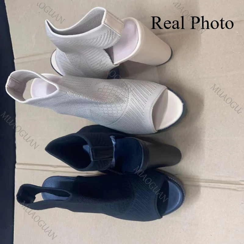 Summer New Women's Heels Shoes  Knitted Breathable Block Heel Sandals Fashion Comfortable Open Toe Party Elegant Heeled Pumps view 6