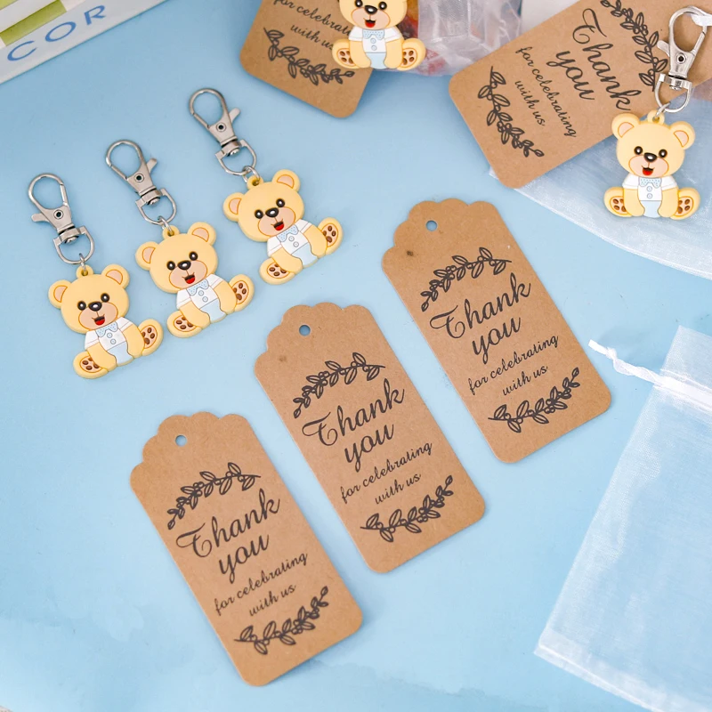 10pcs Baby Shower Souvenirs Gift Organza Bag With Bear Keychain Thank You Kraft Tag Girl Boy Birthday Party Favors Decoration