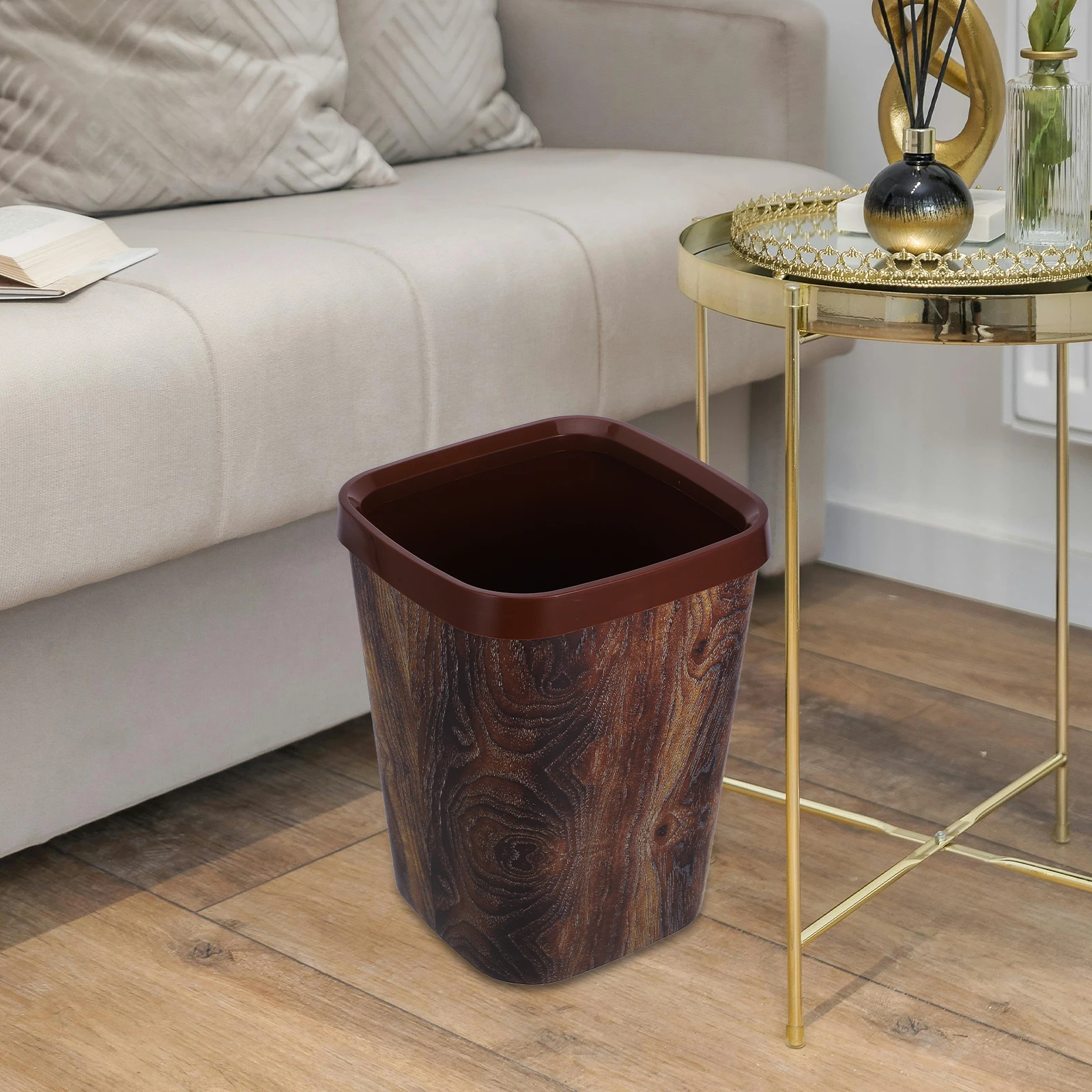 

Wooden Texture Trash Can Large Garbage Bin Bathroom Kitchen Household Pp Material Smooth Modern Design Easy Clean