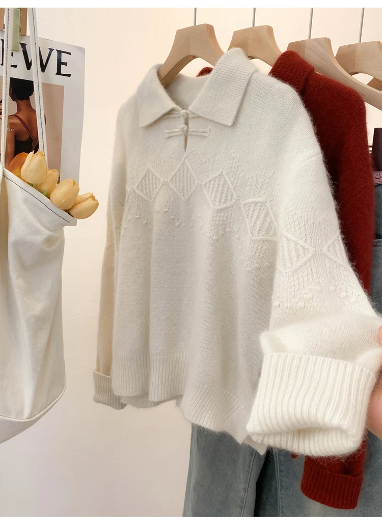 Sweater women's autumn and winter 2024 new explosions national wind buckle knit top winter cashmere bottoming shirt