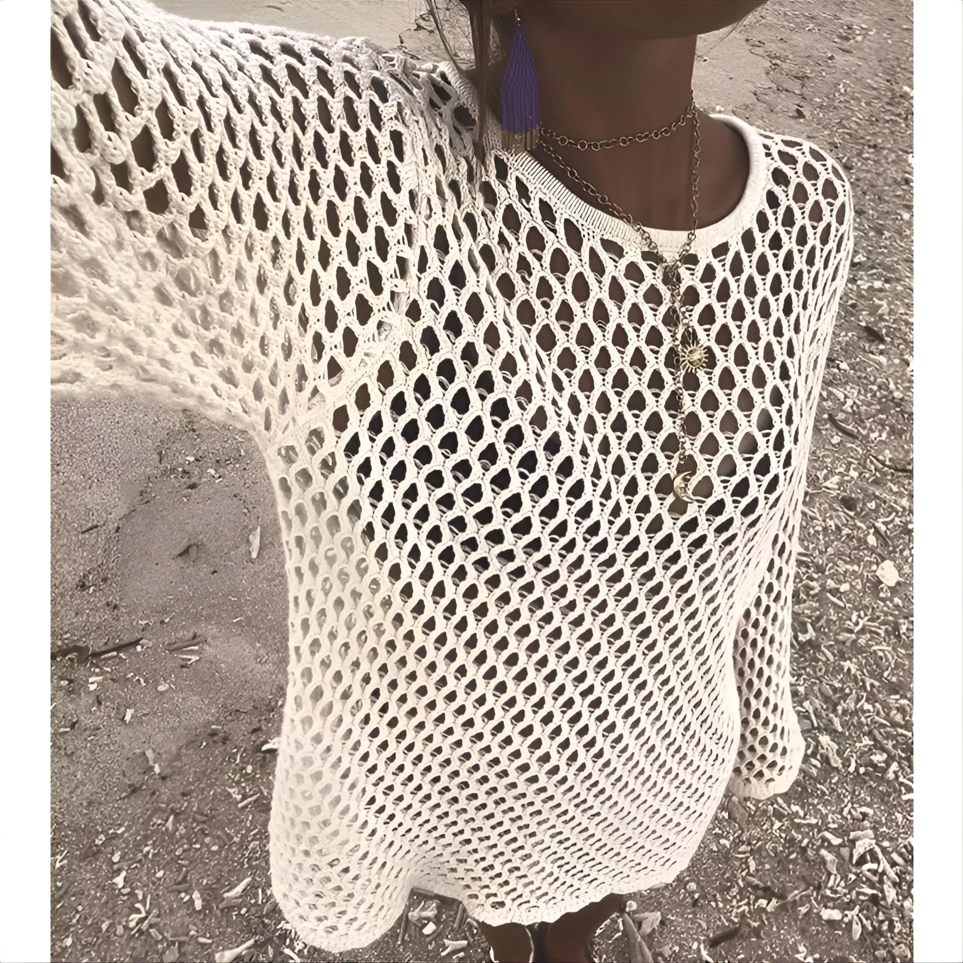 ชุดคลุมชายหาดผู้หญิง ลายหนังงู ป้องกันการโป๊ แขนหลวม สไตล์ฮิปปี้ ผ้าทอ ทรงเข้ารูป