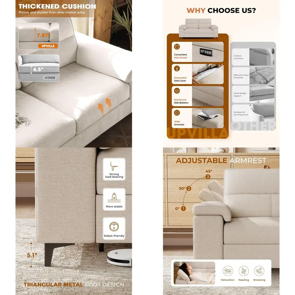 

Двухместный диван-софа из шенилла с глубоким сиденьем, подушкой 8 дюймов, трансформируемым подлокотником, съемным чехлом, высокими ножками (бежевый)