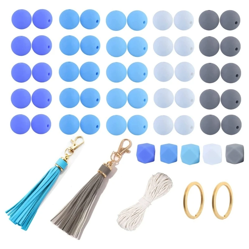 55Pcs Silicone Beads Making Kits for Bracelet Car Keychain Round Polygonal Beads Accessory DIY Set for Women Girls