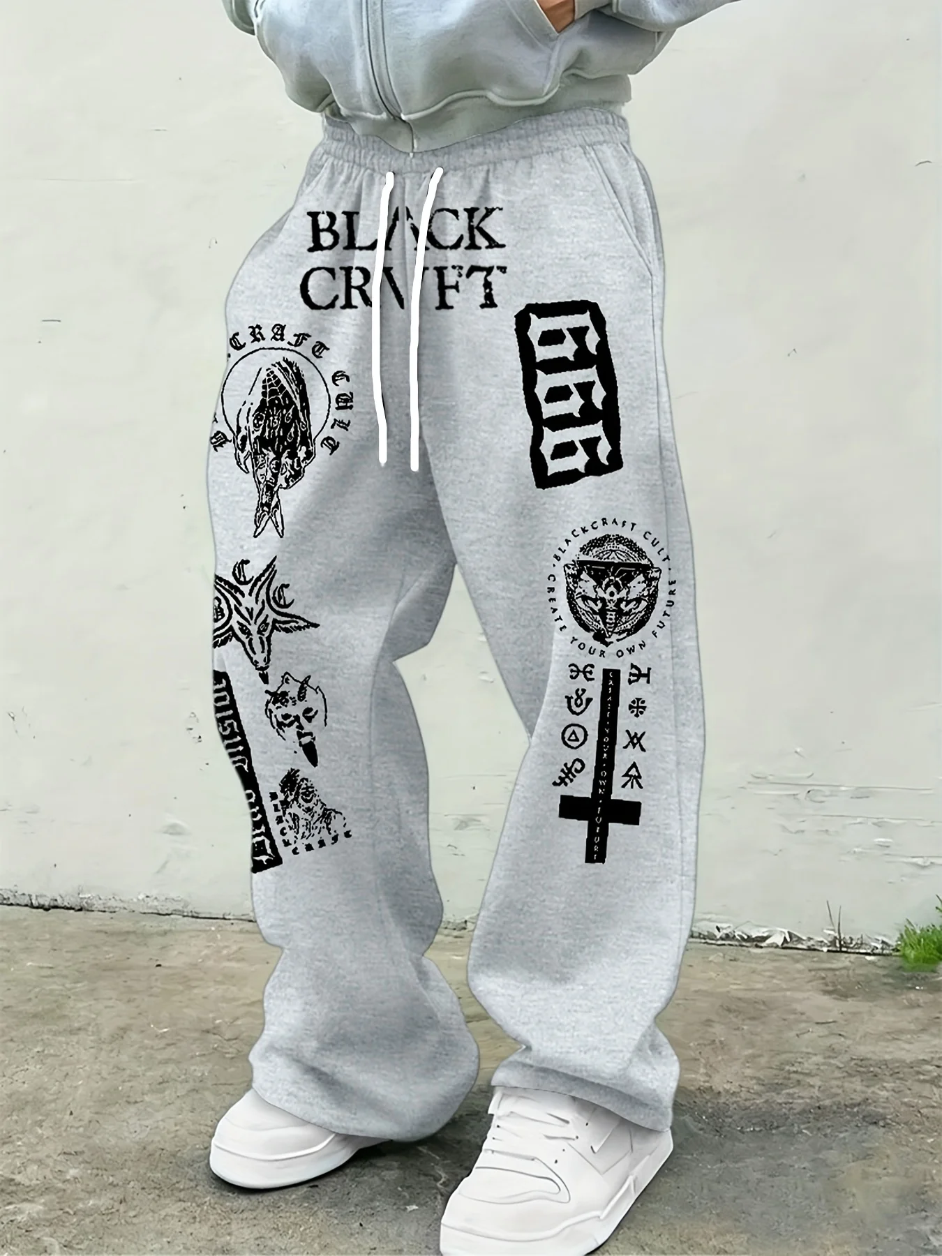 Men Oversized Y2K Trousers Grey Retro Dark Tribal Symbol Graphic Elastic Waist Wide Leg Hip Hop Sweatpants Kids