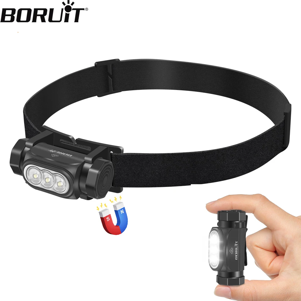 BORUiT-Super brilhante farol de LED com magnético e clip, farol recarregável, lanterna para camping e pesca, 1150LM, HP130