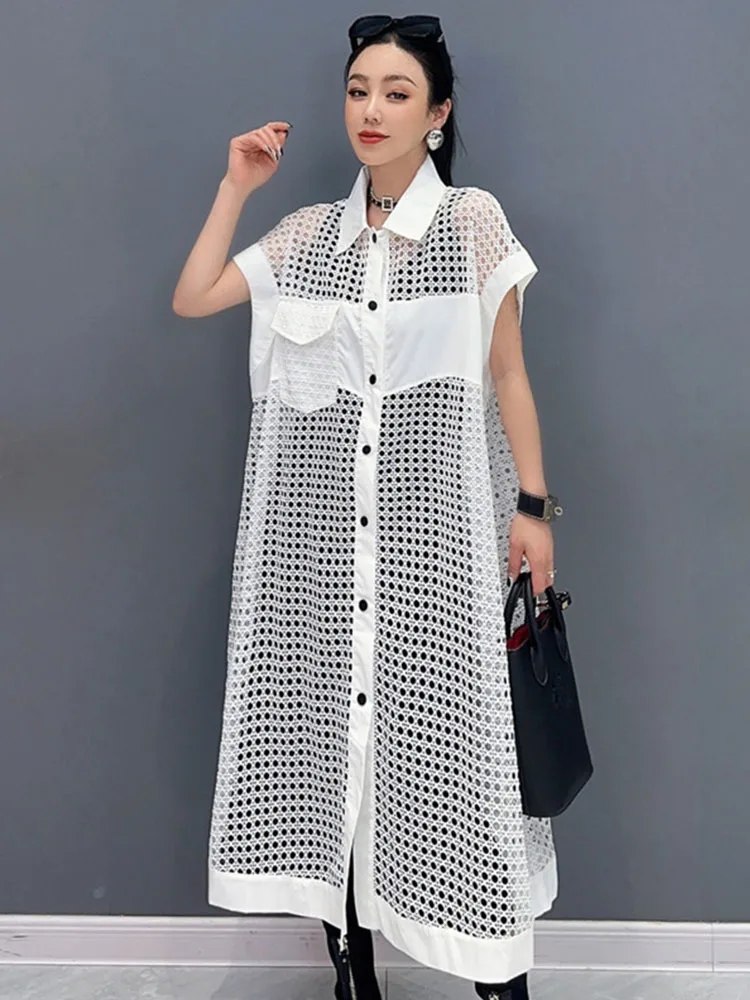 Vefadisa 2024 Summer New White Women Dress Hollow Mesh Short Sleeve Long Coat Turn-down Collar Raglan Sleeve Women Wear HLX207