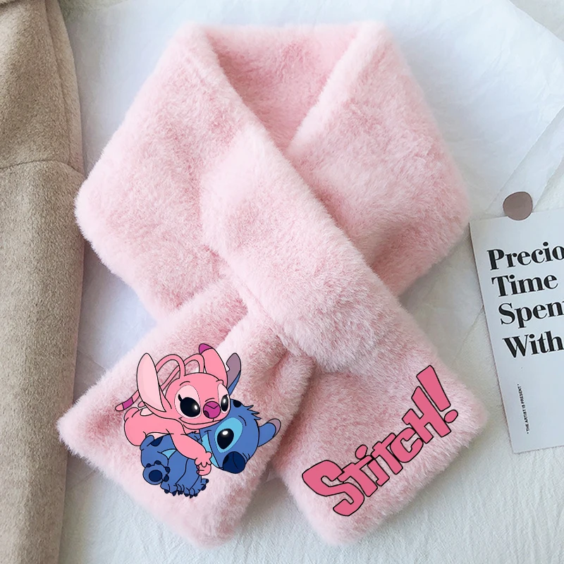 New Stitch Angel Plush Scarf Kawaii Disney Cartoon Figure Printed Neckerchief Girls Winter Warm Accessories Christmas Gifts