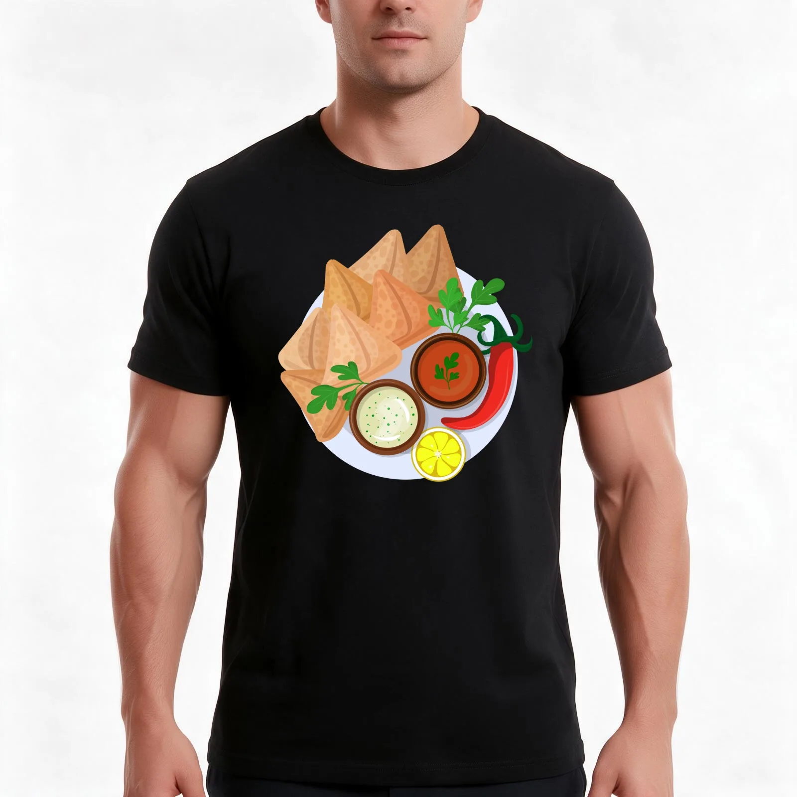 Fried Indian Samosa with Dipping Sauces T-Shirt, Summer Casual Cotton Tee, Oversized Streetwear Tops, Vintage Graphic Print