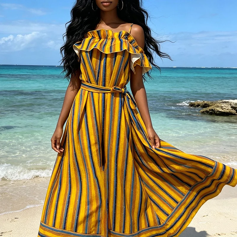 Casual Striped Off Shoulder Commute Dress Fashion Contrasting Color Sleeveless Loose Dress Elegant Strapless Backless Long Dress