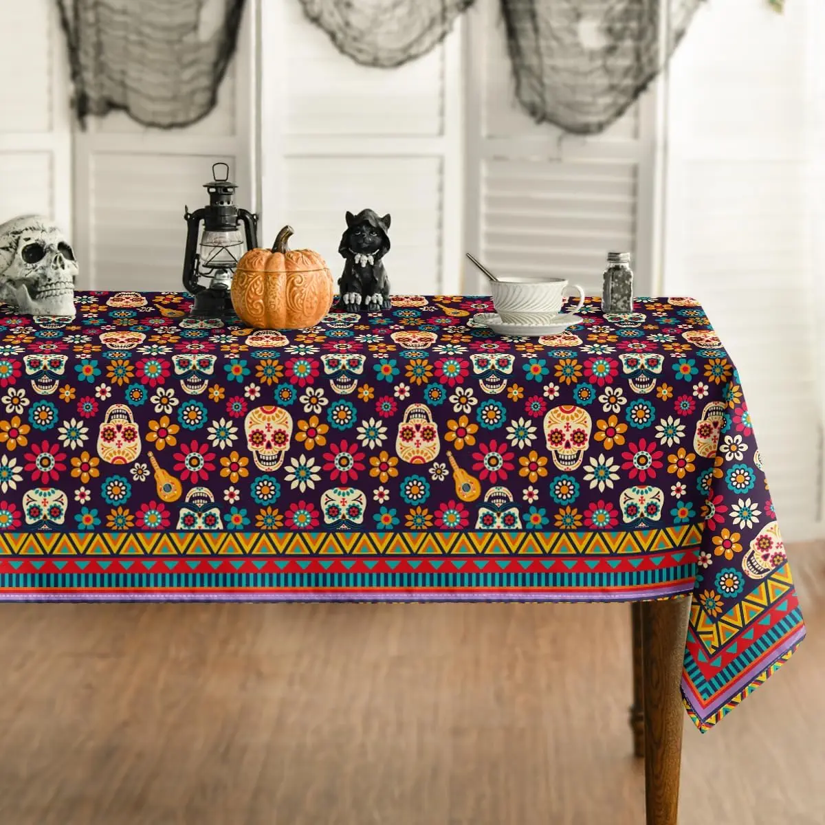 

Mexican Day of The Dead Sugar Skulls Waterproof Tablecloth Party Decor Dia De Los Muertos Kitchen Dining Tablecloth Table Decor