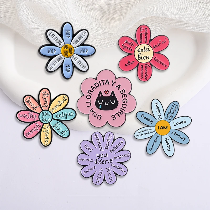 Motivierende Emaille-Anstecknadeln mit Blumenzitaten, ermutigendes Abzeichen „Du bist genug geliebt, wertvoll genug“, Brosche, Anstecknadel, Geschenk für Freunde – Detail 4
