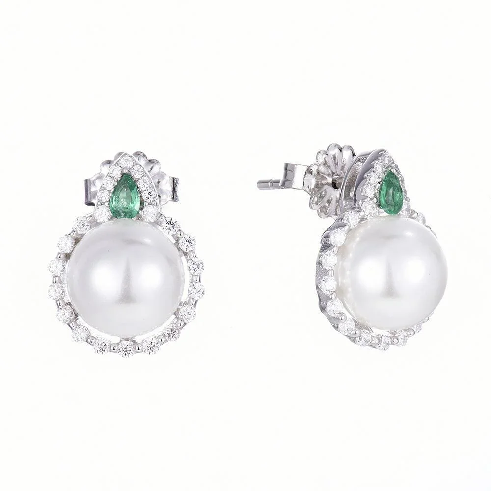 

Carline hotsale luxury minimalist rhodium plated green nano glass freshwater pearl and shell pearl circle shape stud earrings