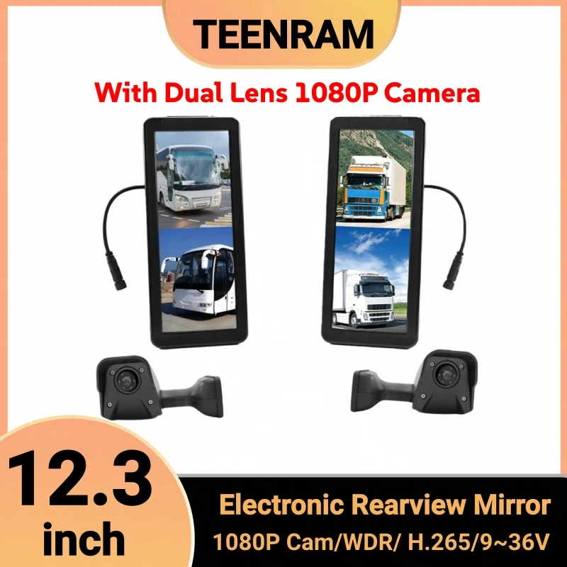 TEENRAM 12.3 Inch Monitor Video Recording Functio For Bus Work Vehicle Truck Side Mirror Monitor System 1080P Dual Lens Camera