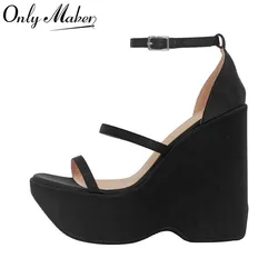 Onlymaker Women Black Open Toe Platform Wedges Chunky Sandals Platform Peep Toe  Shoes Buckle Strap Summer Plus Size Sandals