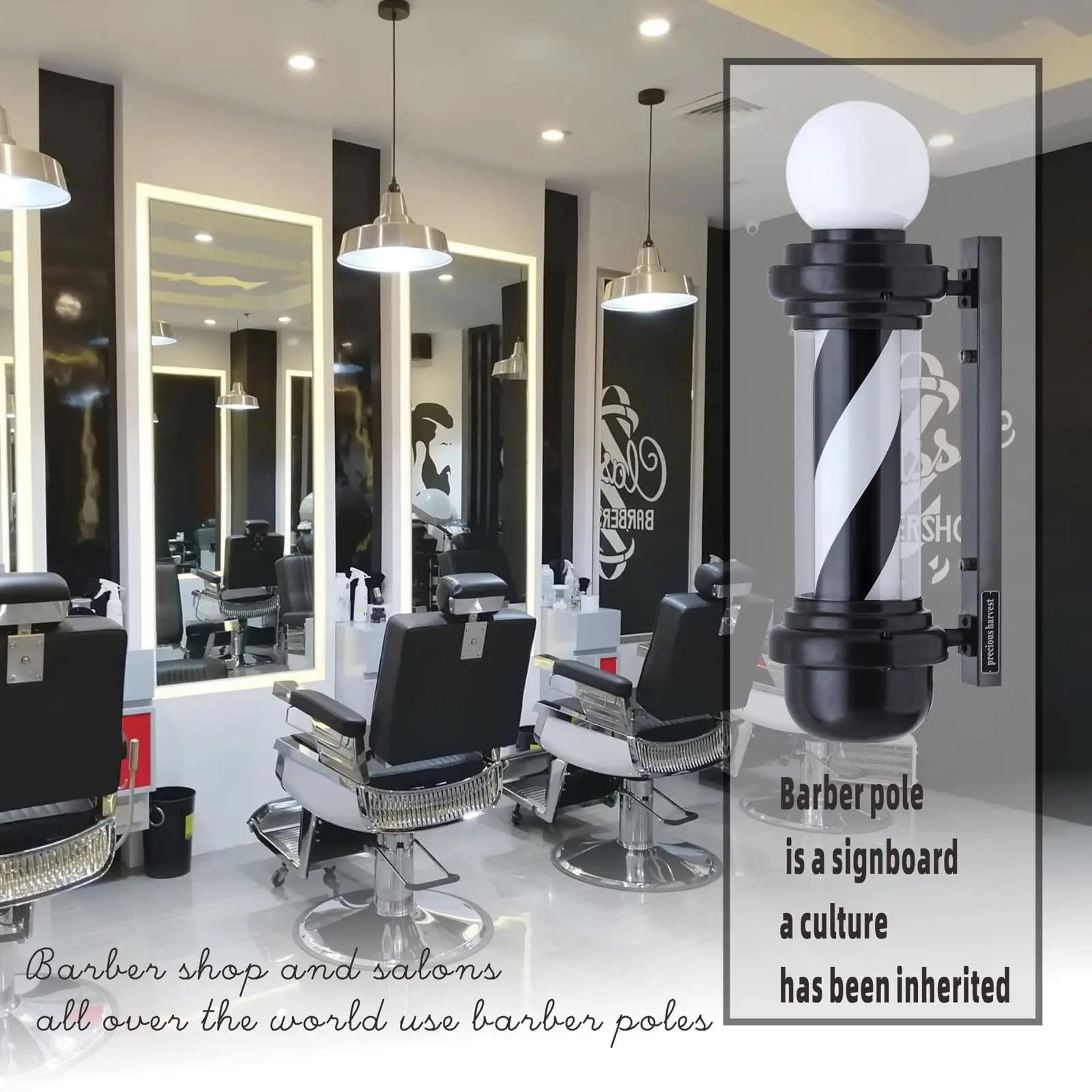 Barber Light Pole 26.8 Inch LED Light Source Upper Luminous Wall Mount Barbershop Rotating Light Fixture Classic Signs for Salon