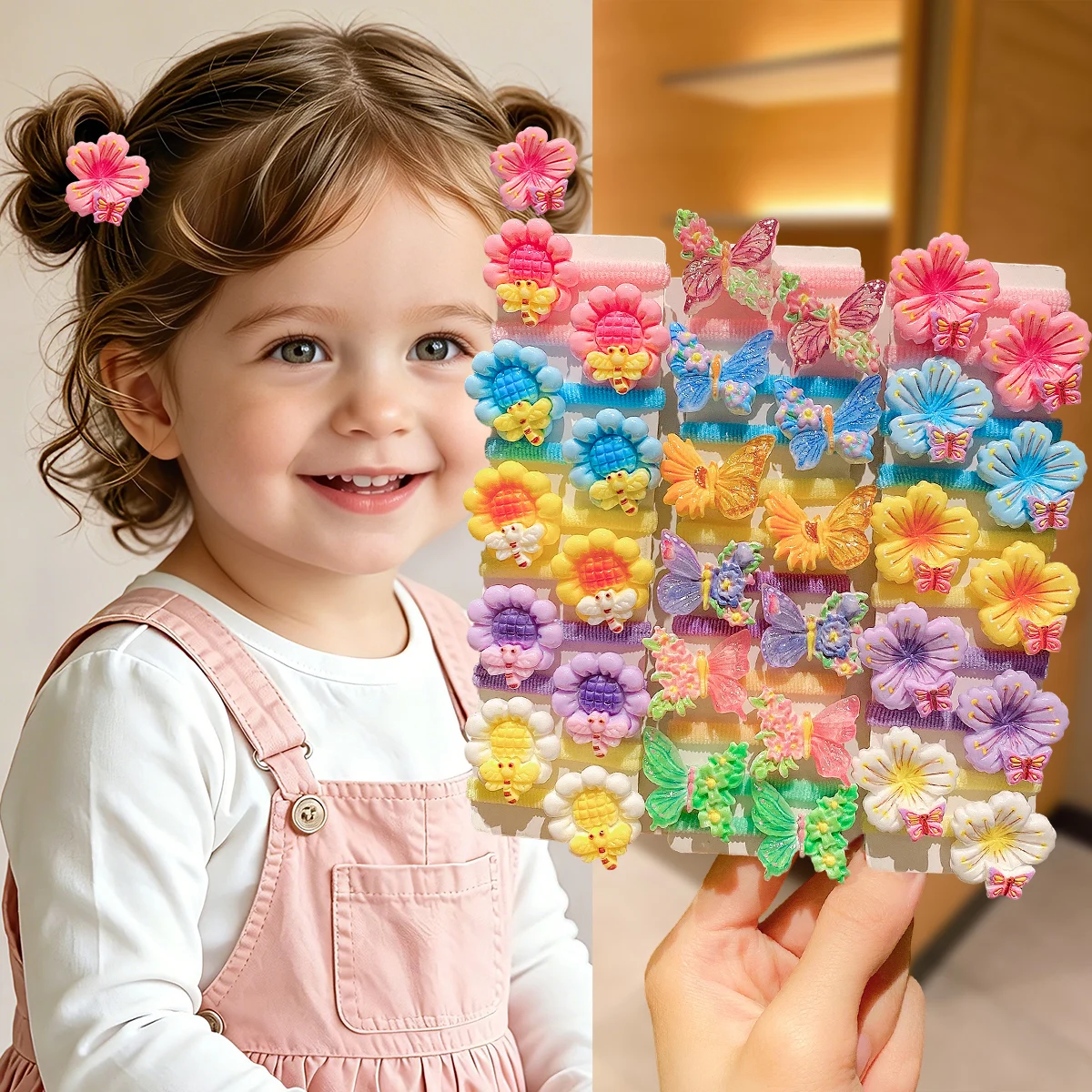 32Pcs Kids Floral Butterfly Hair Ties, Colorful Elastic Bands for Girls Braids