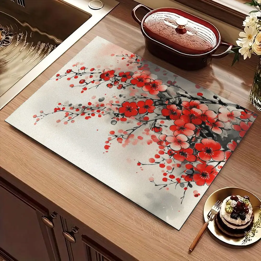 Red Plum Blossom Ink Kitchen Counter Pad Fast Drying Mat Absorbing Countertop Protection Pad Dustproof Desktop Placemat
