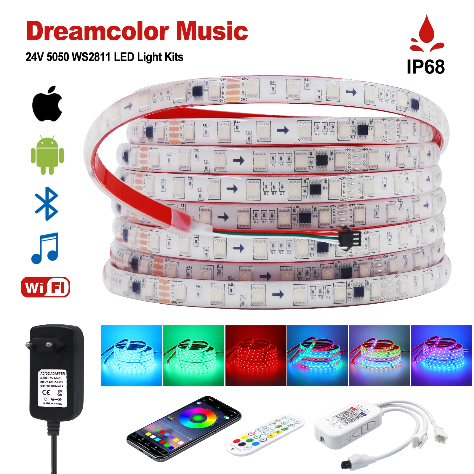 Tuya Wifi WS2811 5050 RGB Smart LED Strip IP68 24V Bluetooth 60LEDs Individually Addressable Pixels LED Light with Adhesive