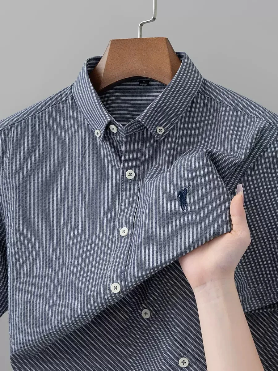 Designer brand short sleeve shirt 100% cotton men's summer comfort high-end pony embroidery fashion stripe golf casual new top