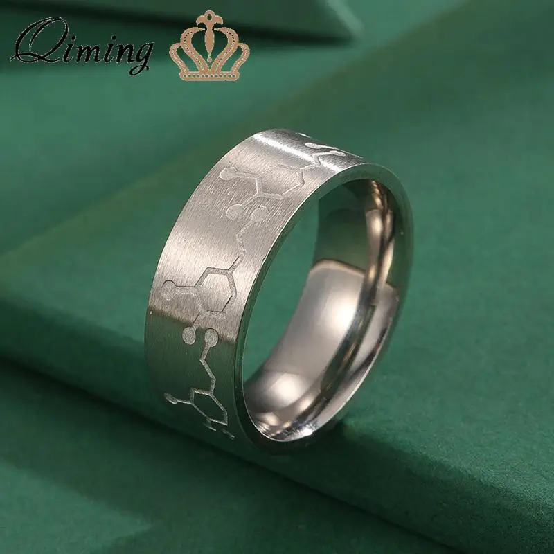 QIMING Handmade Dopamine Molecule Rings For Men Women DNA Science Jewelry Band Stainless Steel Finger Ring Bague