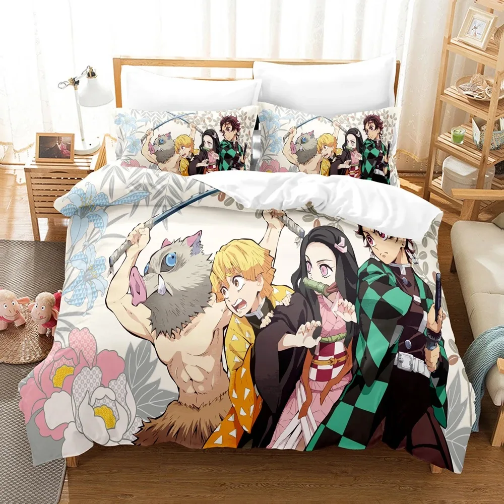 Anime Demon Slayer Bedding Sets Kamado Nezuko Bed Linen for Teens Girls Cartoon Twin Single Queen King Full Size Duvet Cover Set