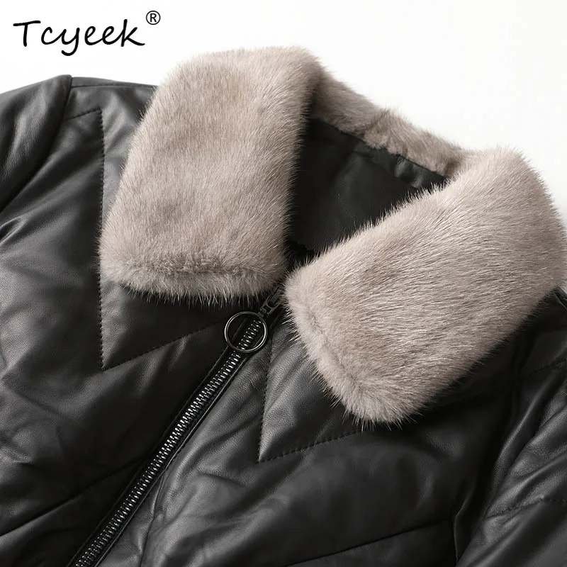 Tcyeek جلد الغنم الحقيقي الخريف الشتاء العصرية فرو المنك طوق الأبيض بطة أسفل الأسود المرأة سترة جلدية حقيقية Jaqueta Couro