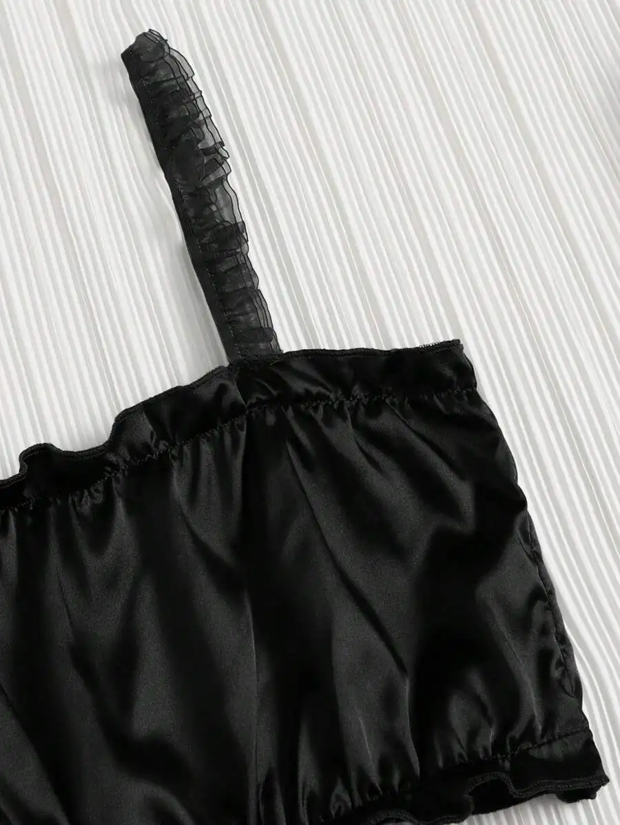 Black Color Pleated Satin Pajamas Set Including Camisole Shorts And Long Pants Silk Women Sexy Sleepwear Summer Lingerie Bra