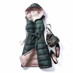 2024 New Women X-long Hooded Sleeveless Down Jackets Top Grade Female 90% White Duck Down Office Lady Korean Slim Down Coat