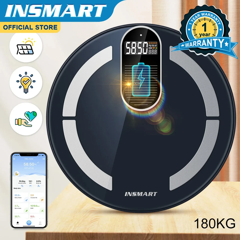 INSMART Body Digital Weight Scale Solar & Light Energy Charging Smart Scale Balance Bioimpedance Body Fat Bathroom Scales BMI